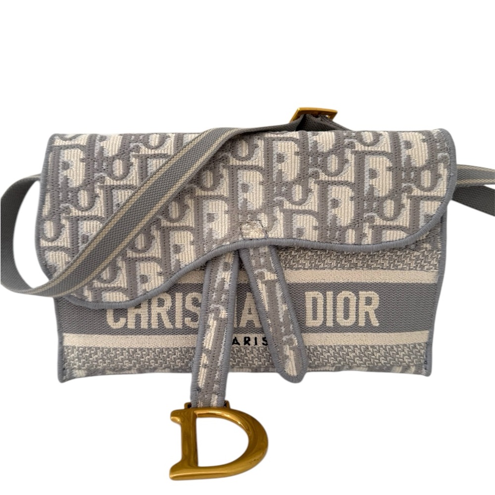Auth Grey CHRISTIAN DIOR  Oblique Slim Saddle Pouch Belt Shoulder Crossbody Bag
